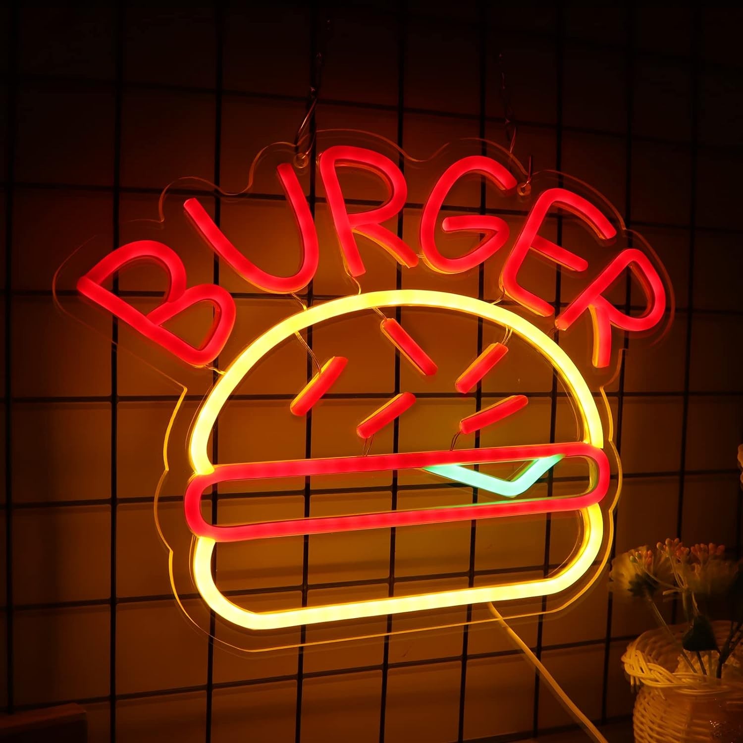 osvjetljenje hamburgera neonski natpis logo na zidu